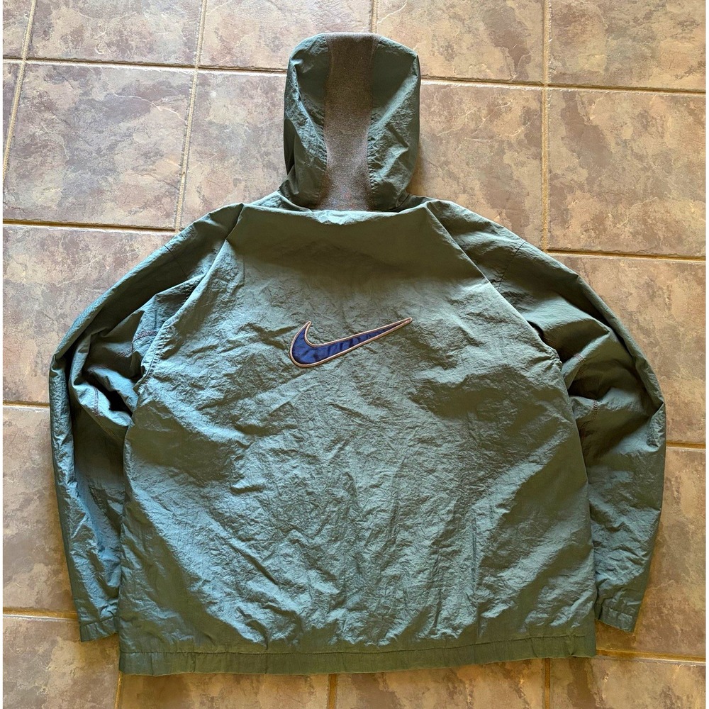 Vintage 90s Nike Big Center Swoosh Windbreaker Jacket Mens XL Green Hooded Nylon